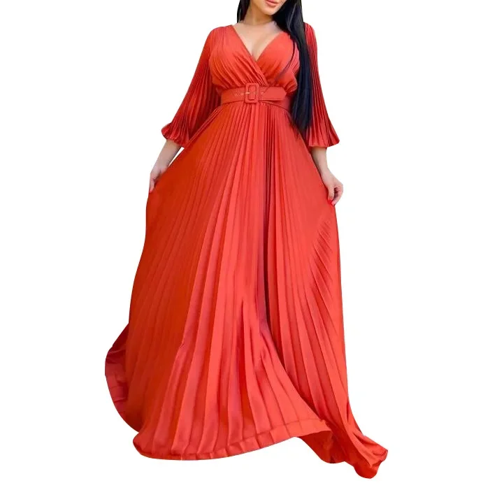 

Africa Clothing Elegant Dress Women for Wedding Party Autumn Fashion African 3/4 Sleeve V-neck Polyester Long Pleat Dress Gowns