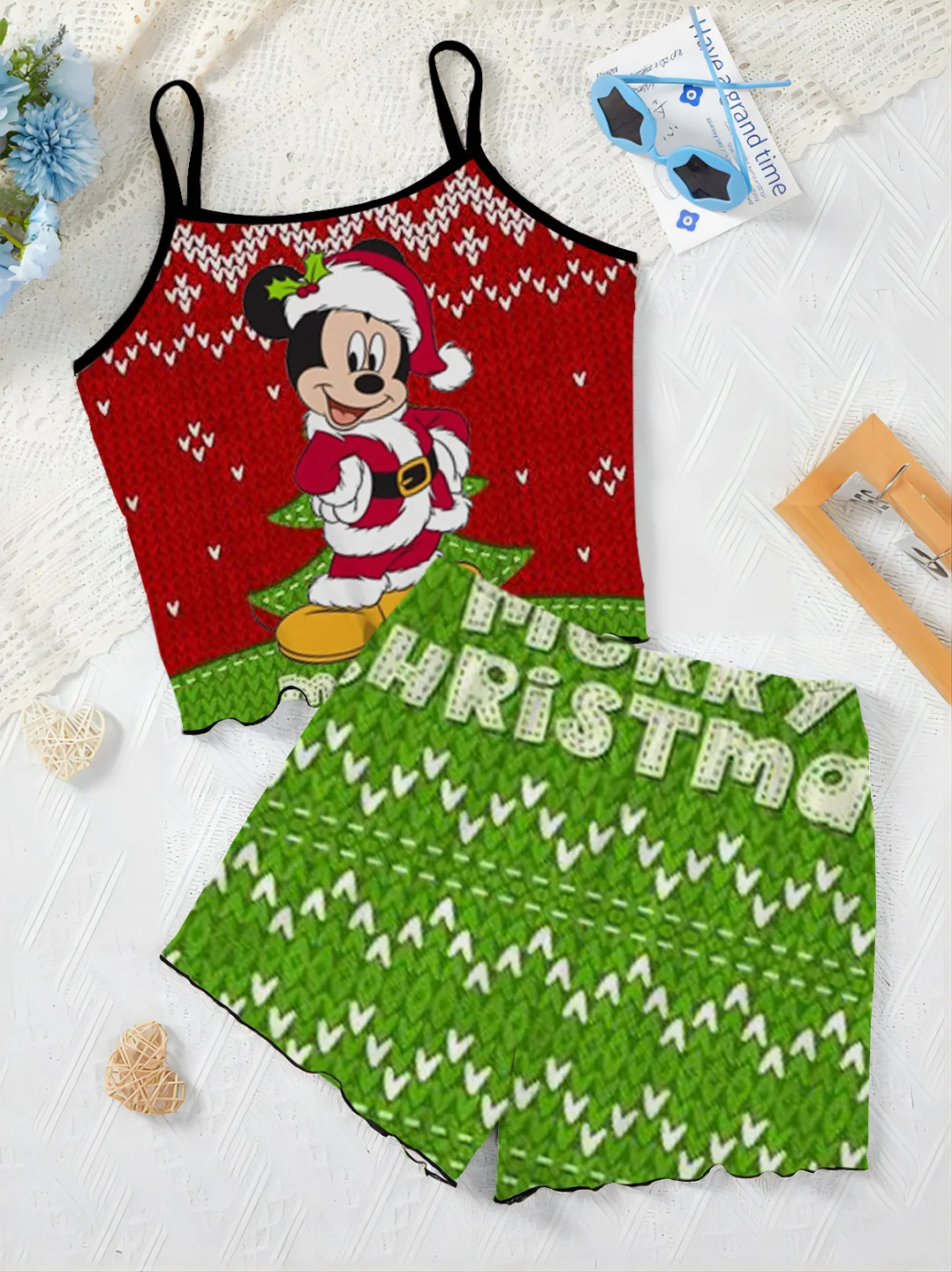 Spódnica od piżamy Mickey Eleganckie zestawy damskie Sukienka wsuwana Sałata Wykończenie Disney Top T-shirt Boże Narodzenie Myszka Minnie Kawałki Krótki garnitur Top