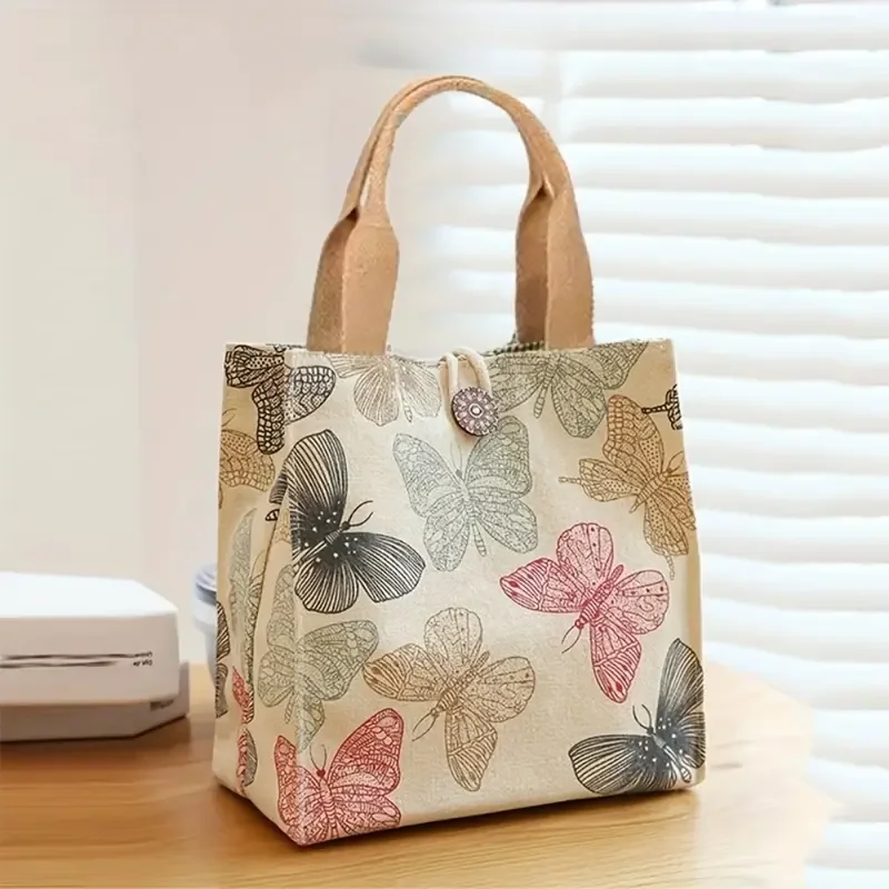 Tragbare Leinwand Reise Picknick Mittagessen Tasche Schmetterling Muster frauen Mittagessen Tasche Girla Große Kapazität Arbeit Lebensmittel Container Tasche