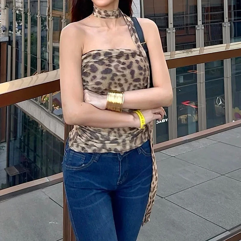 Leopardo impressão colheita topo feminino malha sem mangas sexy tubo verão vintage halter tanque superior sem costas sexy festa topos para senhoras