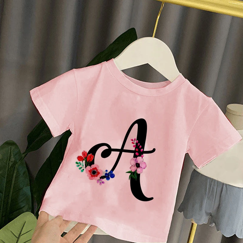 

New Kids Girl T Shirt Summer Baby Letter Plant Tops Tees Clothes Children Clothing Cartoon T-shirts Short Sleeve Casual Wear