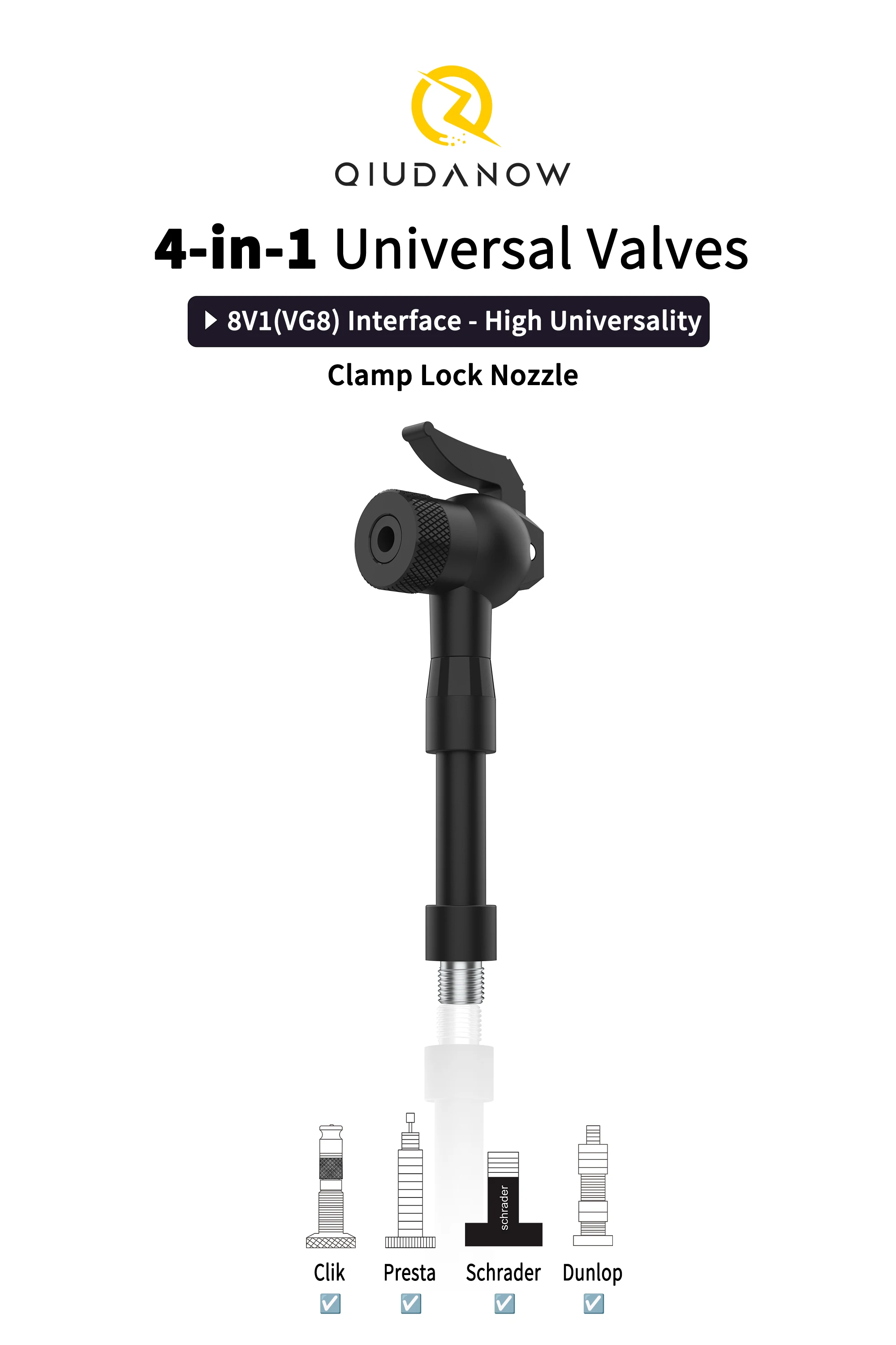 Universeller Fahrradpumpen-Düsenadapter 4-in-1 Universelle Ventilkompatibilität Clik/Schrader/Presta/Dunlop Ventil-Konverter für Luftpumpe – Detail 1