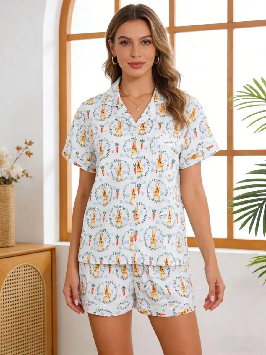 

Womens Bunny And Carrot Print Pajama Set With Button Down Collar And Elastic Waist Shorts