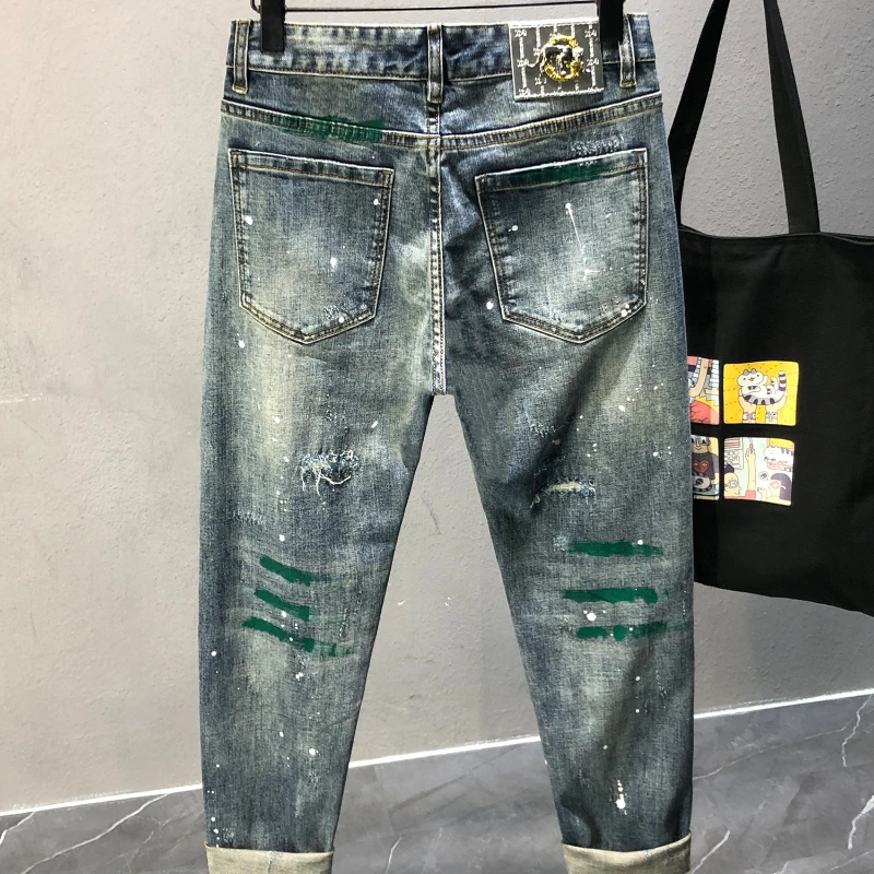 Calça jeans com tintura de tintura masculina, elástica, justa, com cores contrastantes, casual, personalidade, rua alta, primavera