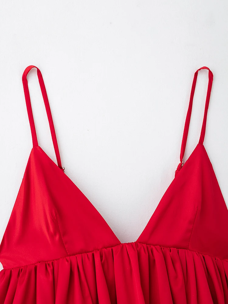 KUCLUT Frauen Mode Rot Plissee Backless A-Line Camis Tops Vintage Dünnen Trägern V-ausschnitt Weibliche Chic Dame Crop Tops