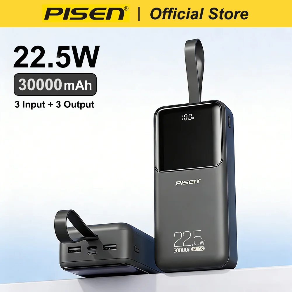 PISEN 22.5W Power Bank 30000mAh Large Capacity QC PD 3.0 Fast Charging PowerBank 20W Portable External Battery For iPhone Samsung Xiaomi Huawei Headphones