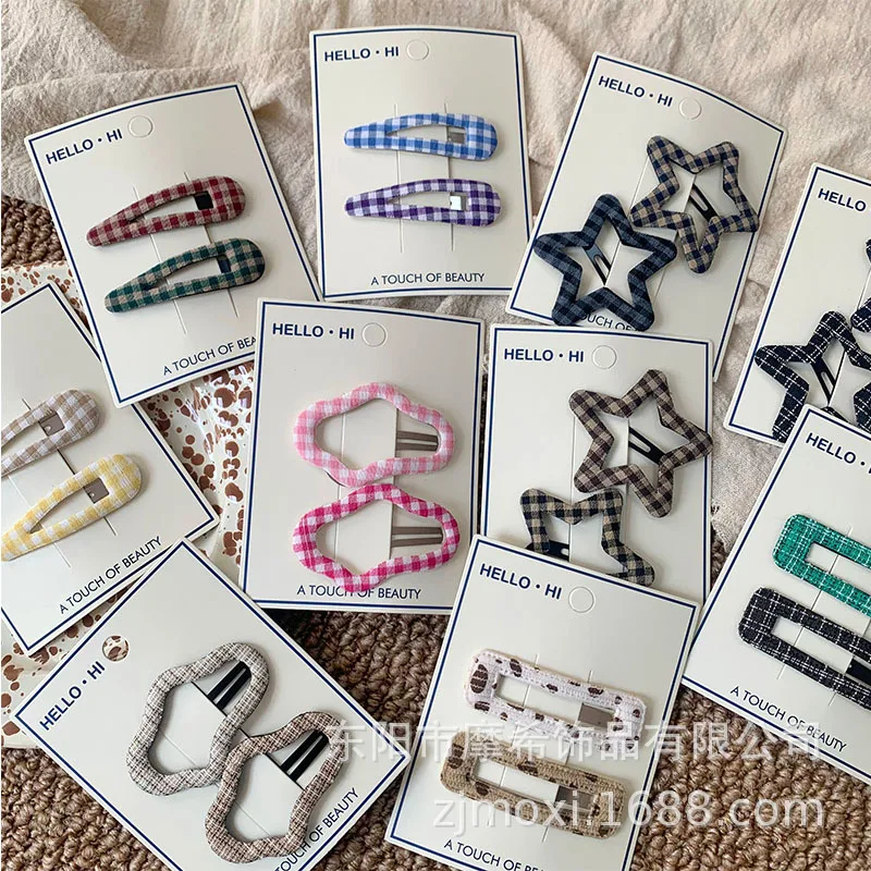 Pinzas para el pelo estilo preppy coreano con tela a cuadros y patrón de estrellas y nubes, pasadores BB, horquillas dulces para flequillo lateral y cabello suelto para mujeres y adolescentes