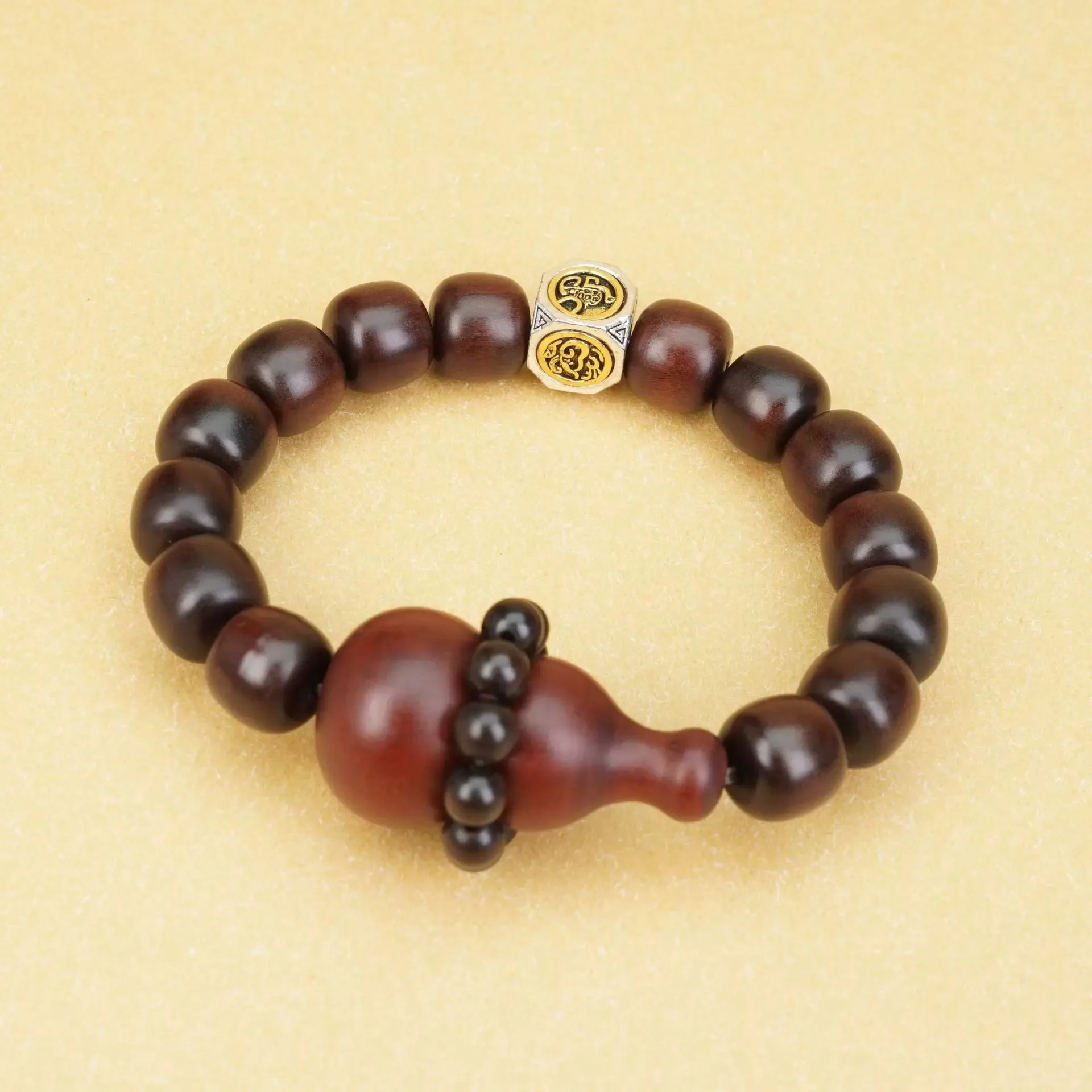 Lightning Struck Jujube Wood Four Symbols Peace Gourd Bracelet Taoist Accessory with Jade Like Finish Gifts