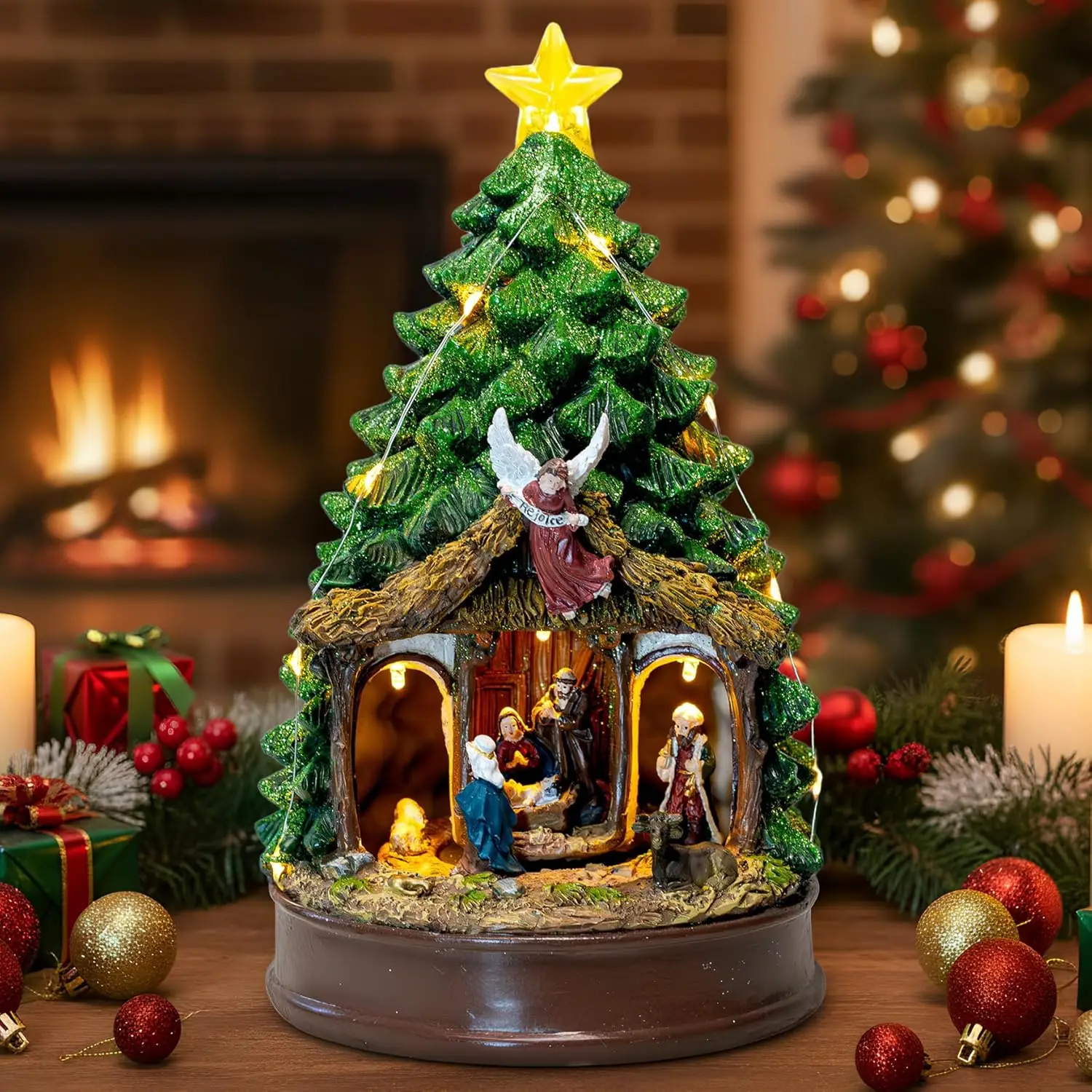 

Animated Rotating Nativity Scene Christmas Tree with LED Lights and Music, Festive Holiday Home Decor