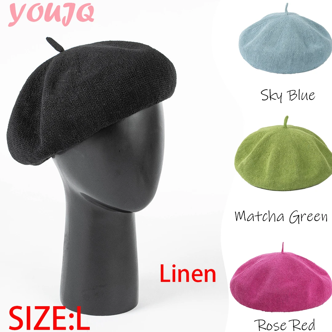 

Spring Summer Big Size L Linen Beret Hats for Women French Casual Simple Knitted Breathable Painter Mushroom Cap Trendy Boinas