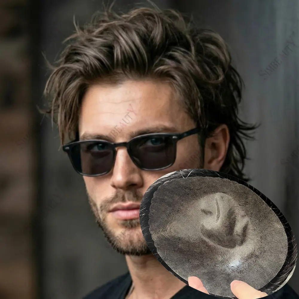 

Суперпрочный тонкий полиуретановый мужской парик из натуральных волос с естественной линией роста волос, протез для замещения волос, система замены волос серого, черного, коричневого цвета