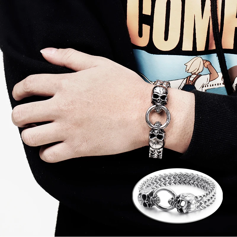 

Панк-рок Мужчины Женщины Скелет Череп Голова Обертка Браслет Золотого Цвета Нержавеющая Сталь Байкер Велосипед Сетчатые Цепи Браслеты Браслеты Ювелирные Изделия