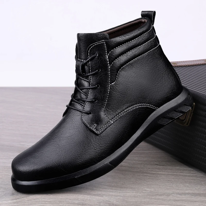 

Men Mid Calf Platform Chelsea Boots Fashion Split Leather Thick Bottom Motorcycle Boots Male Winter Warm Streetwear Botas Hombre