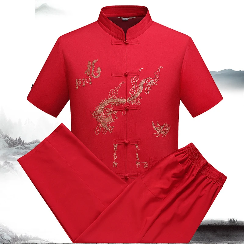 

Short Sleeve Men Tang Suit Vintage Mandarin Collar Traditional Hanfu Clothing Chinese Male Hand Button Tai Chi Cheongsam