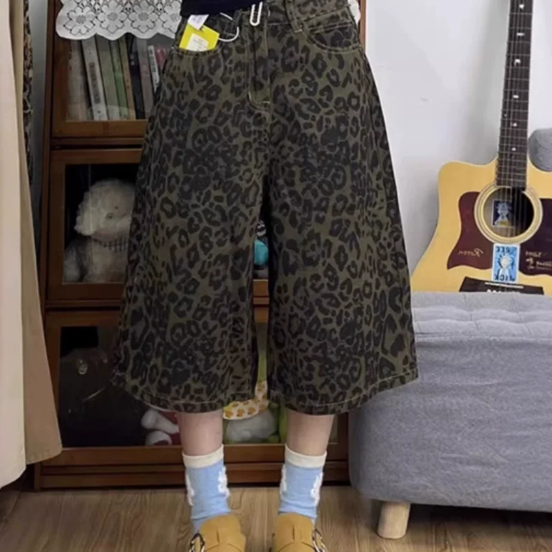 

Retro Leopard Pants Women's 2025 Summer Street Hip Hop Dancing Pants Loose Wide Leg Jeans Short Pants