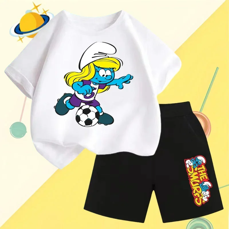 Coppa europea Smurfs bambini Cartoon t-shirt set Anime Print sport pantaloncini manica corta ragazzi camicia casual ragazze Kawaii 2 pezzi set