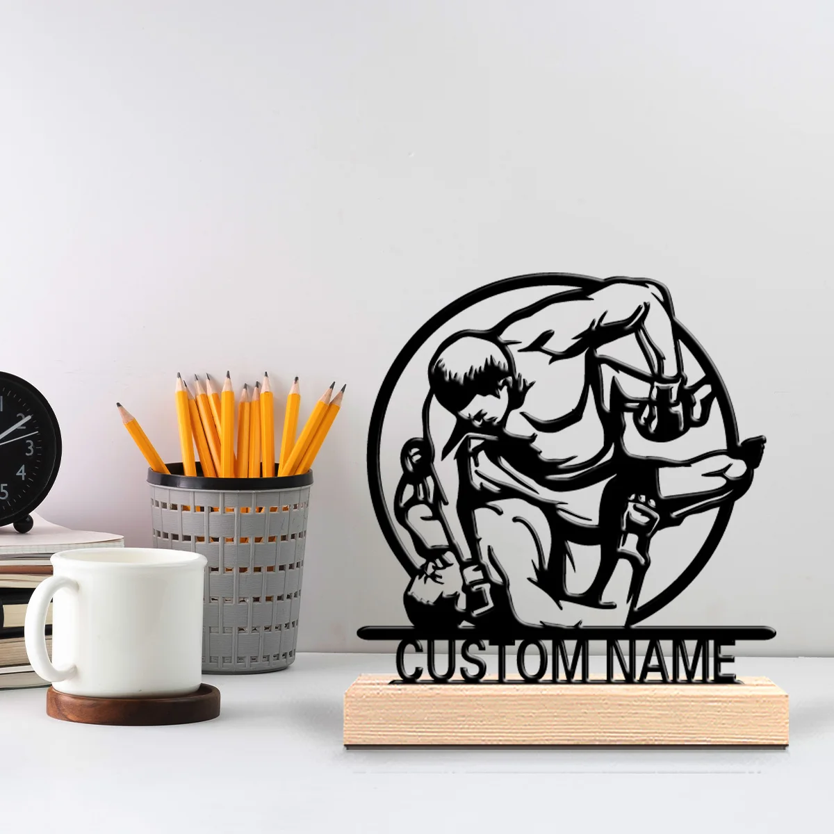 1pc Modern Jiu-Jitsu Fighting Customized Letter Metal Statue Iron Crafts With Wood Base Iron Ornament For Children Gifts
