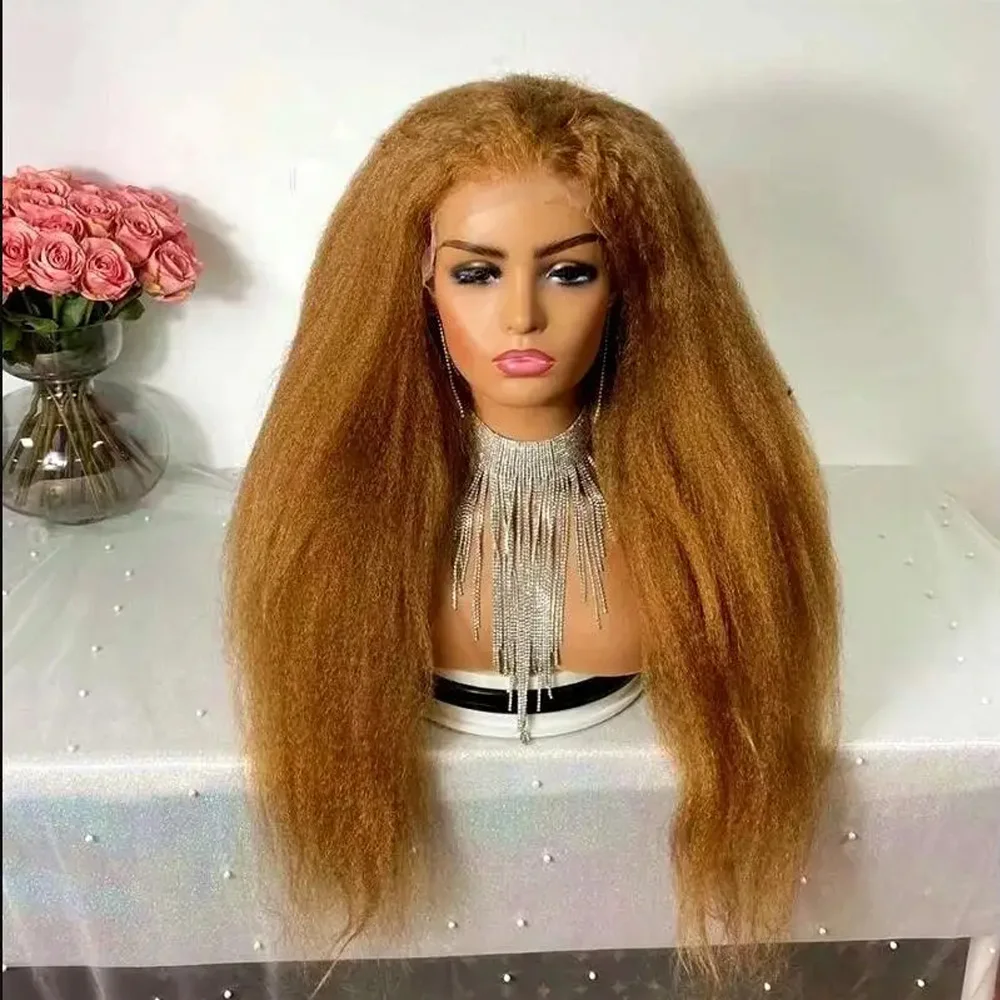 

26Inch Soft Yaki Preplucked brown Color 180Density Kinky Straight Lace Front Wig Synthetic Baby Hair Glueless Daily Wear Wig