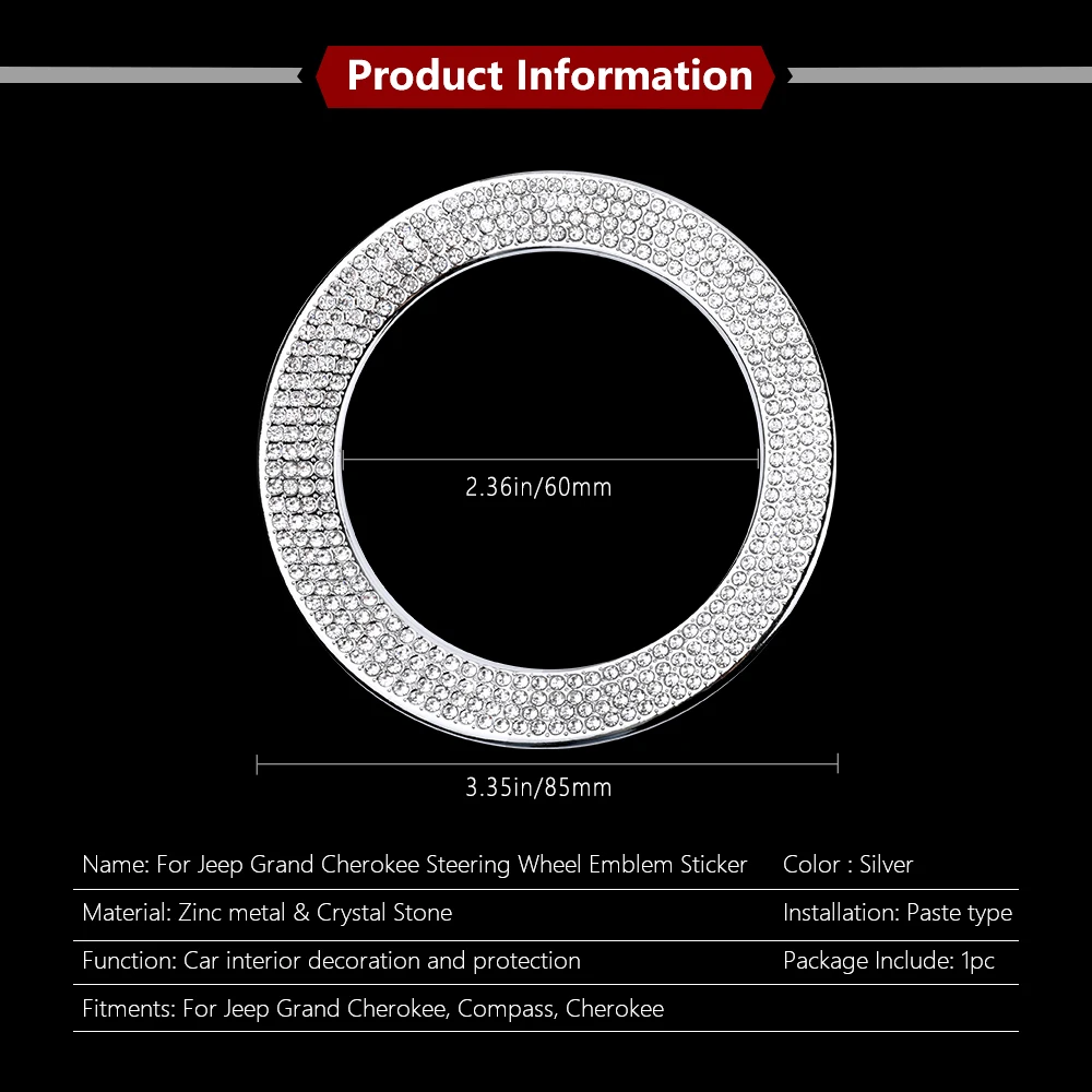 DIYSMART Bling Steering Wheel Emblem Logo Sticker for Jeep Cherokee Grand Cherokee 2022 - 2014 Car Interior Metal Badge Decal