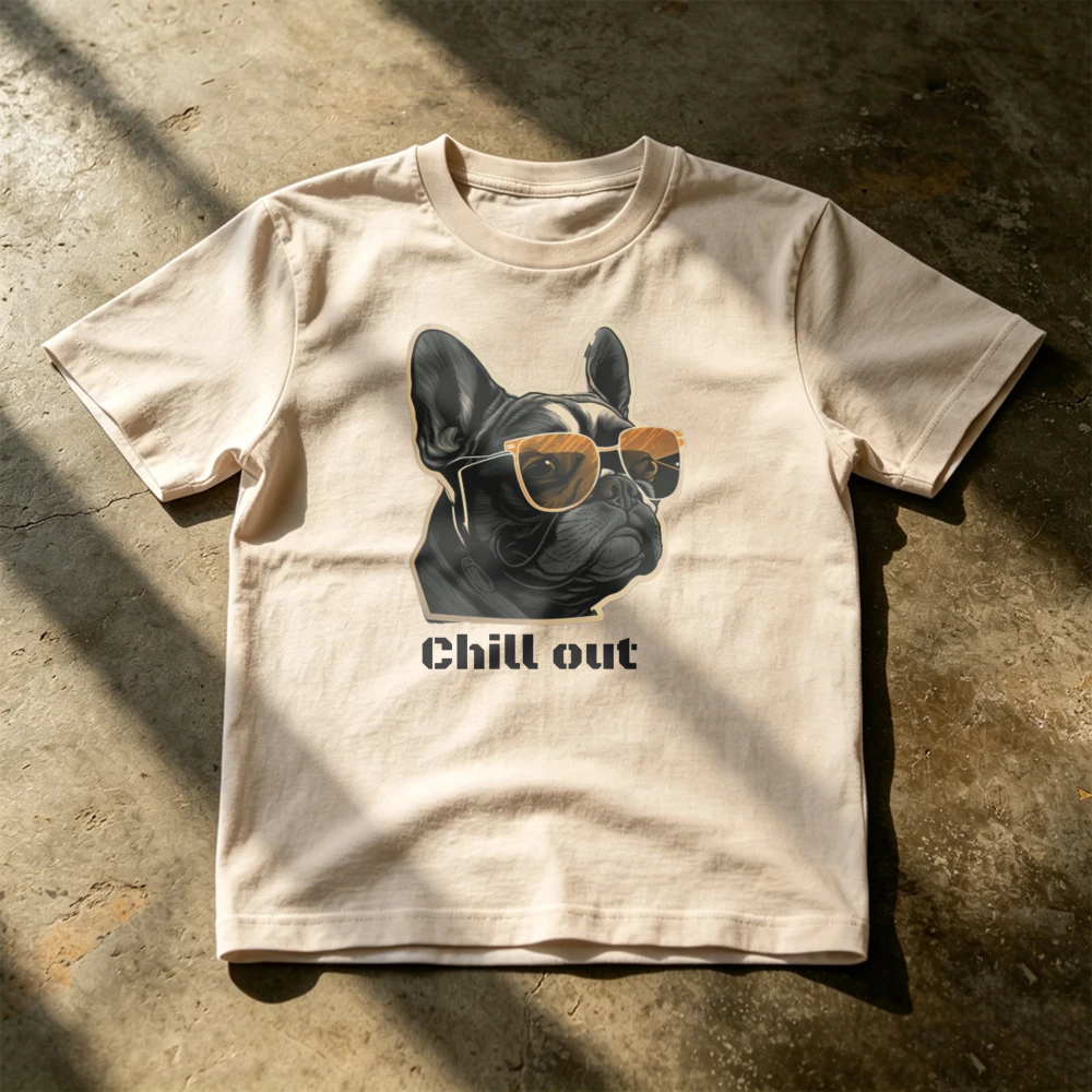 Cool French Bulldog Sunglasses Chill Out T Shirt Men Dog Owner Gift Beige Top Summer Beach Vacation Trendy Clotes