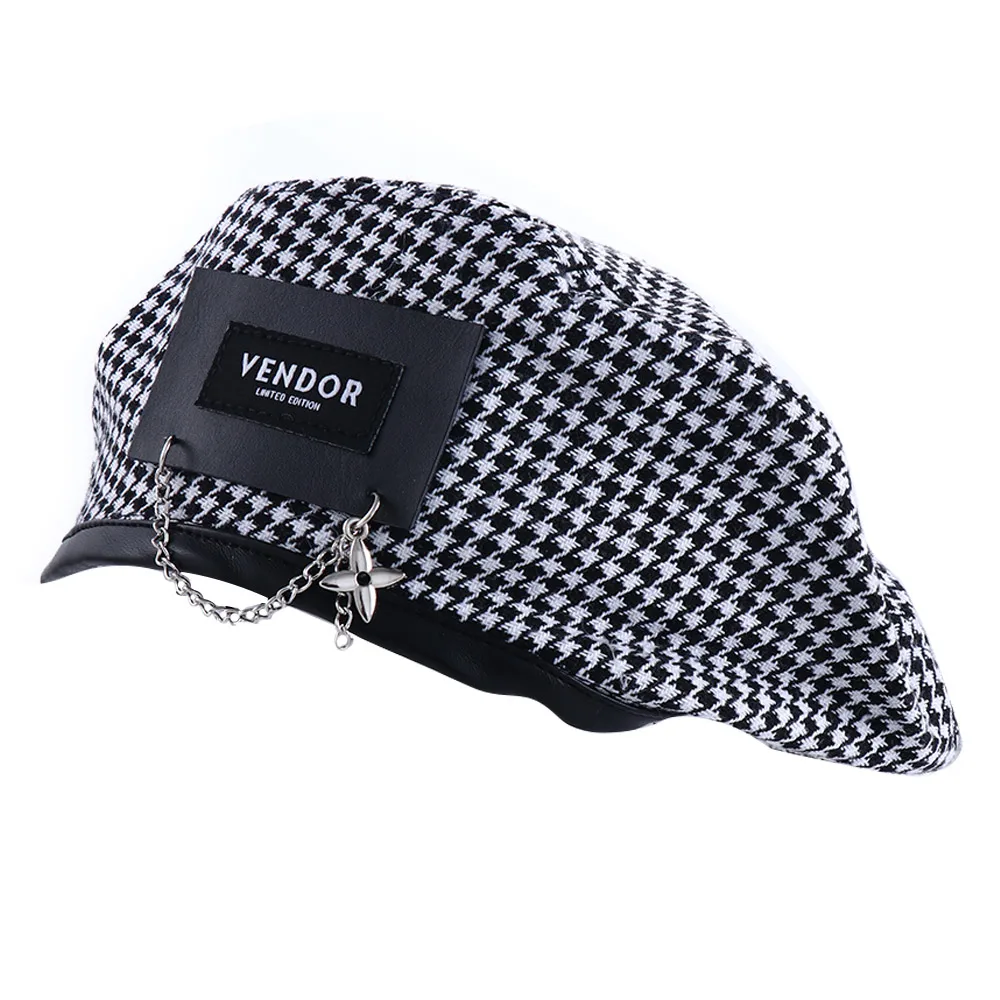 Fragrant Style Winter Leather Label Chain PU Leather British Style Autumn Houndstooth Women Berets Korean Style Hat Painter Hat