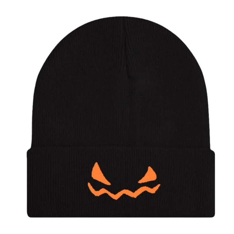 Halloween Pumpkin Devil Embroidered Knitted Hat Cross-border Autumn and Winter Warm Wool Hat Hats for Women Frog Hat Bucket Hat