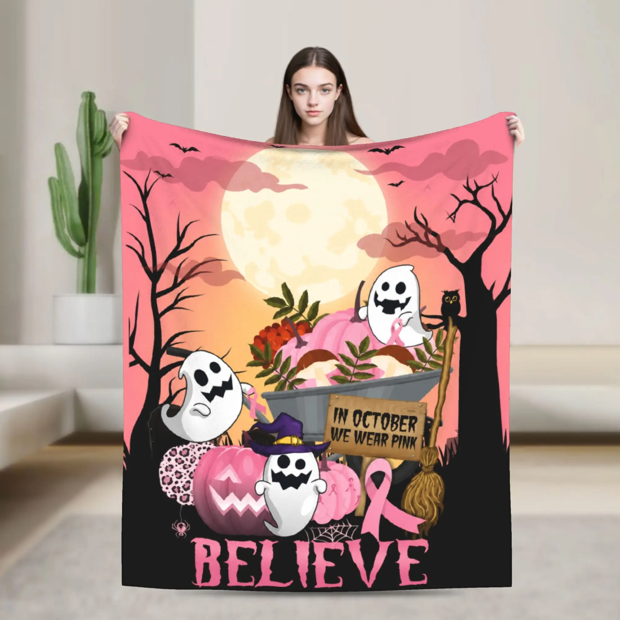 Breast Cancer Awareness Halloween October PinkRibbon Believe Blankets Flannel All Season Throw Blanket for Home Office Bedspread
