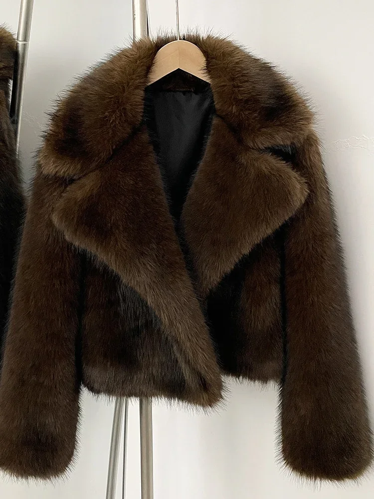 Abrigo de plumas de piel holgado de invierno para mujer, solapa de lujo con retazos, prendas de vestir cálidas de cintura alta esponjosas, abrigo de plumas de piel para mujer