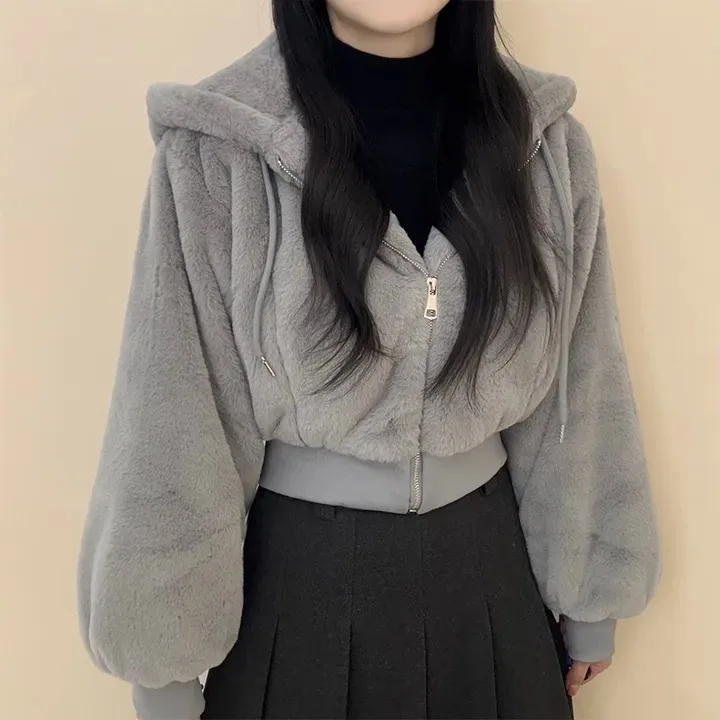 

Chic Lazy Feel ort Jaet Women Autumn Winter Thiened Cotton Hooded Fur Lantern Sve Plu Top Youth Sle Commute Wind