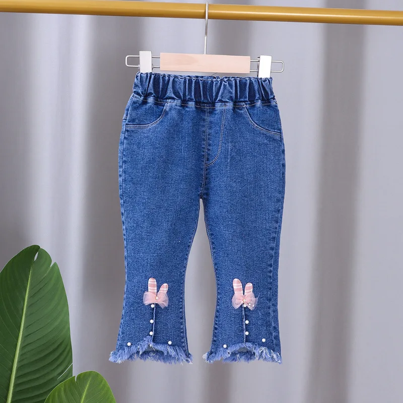 2024 New Spring and Autumn Children\'s Jeans Fashion Girls Korean Bow Horn Jeans Infant Stretch Pants 0-5 Years Old