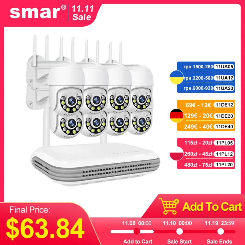 

Беспроводная система видеонаблюдения Smar, 8 каналов, 3 Мп, PTZ
