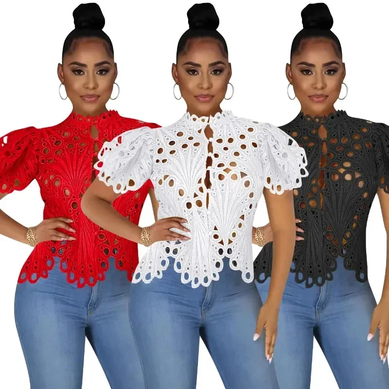 2024 New Elegant Long Sleeve Hollow Out Mesh Lace Shirt Sheer See Through Top Blouse Clothing Dashiki African Shirts For Women