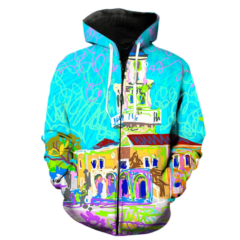 

Abstract 3D Printing Art Painting Zipper Hooded Sweatshirt Men's Four Season Hip-hop Hooded Sweatshirt Top Harajuku Street Wear