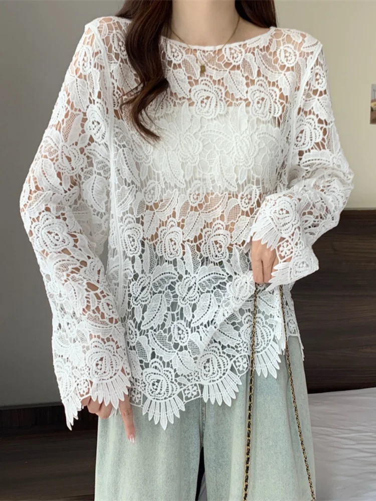 

SMTHMA Women Elegant Lace Hollow Out Blouse Long Sleeve Loose Shirt Transparent Top Mujer