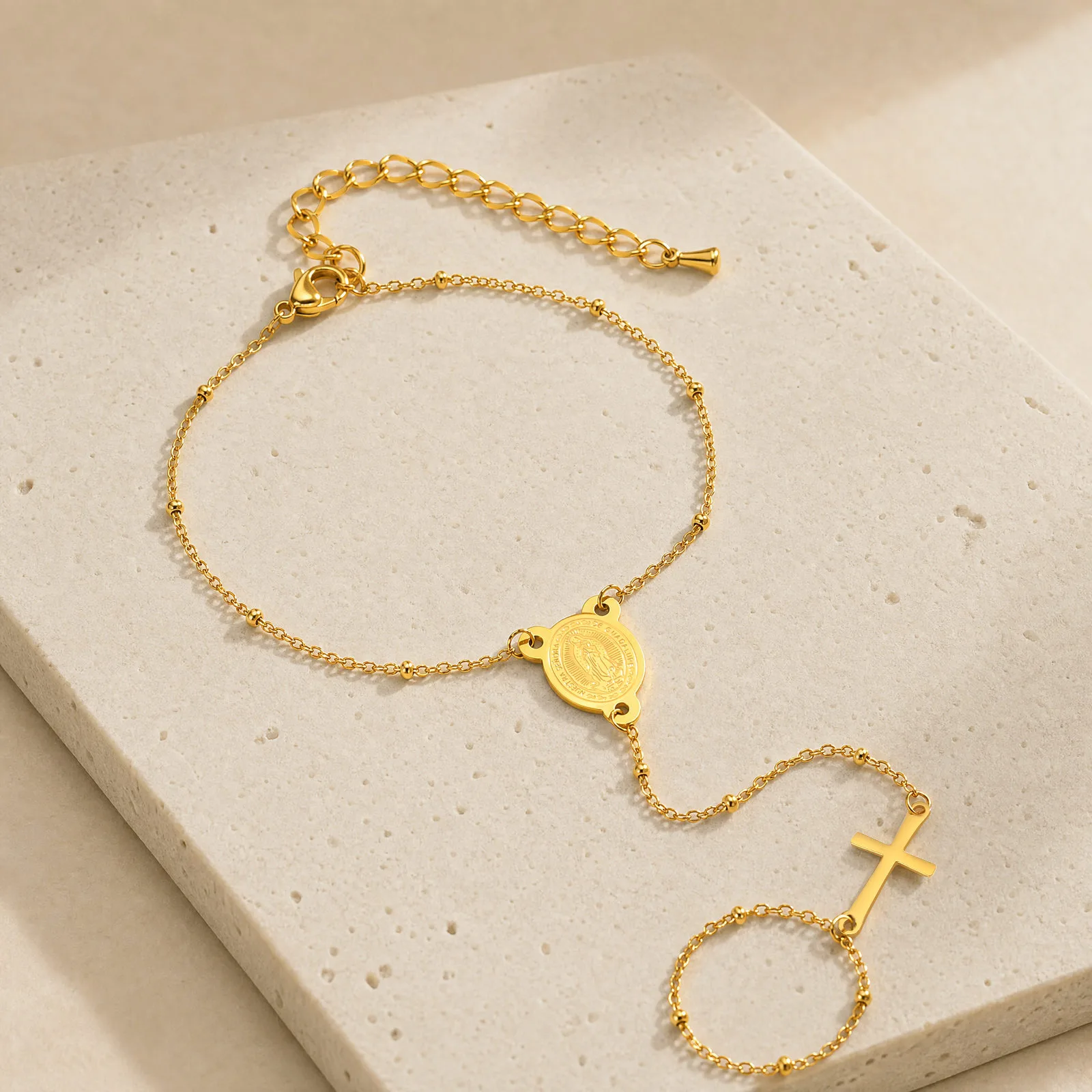 Pulsera de Anillo de la Virgen María para Mujer, Cadena de Mano con Cuentas de Rosario y Cruz de Acero Inoxidable Chapado en Oro, Joyería de Pulsera Tipo Esclava, Regalo
