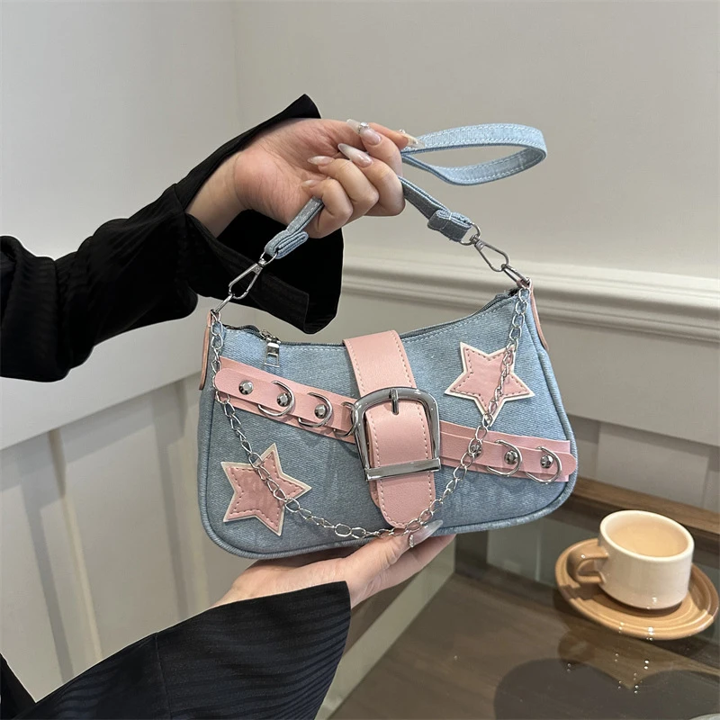 Star Pattern Y2K Hot Girl Chain Shoulder Bags for Women Black Pink Handbag Luxury Designer Grunge Bag Gothic Motor Style Sling