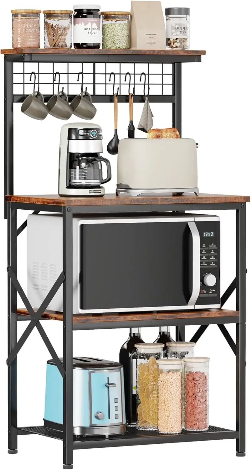 

4-Tier Kitchen Storage Rack with Hutch, Microwave Stand, and Pegboard for Spice Organizer - Rustic Brown