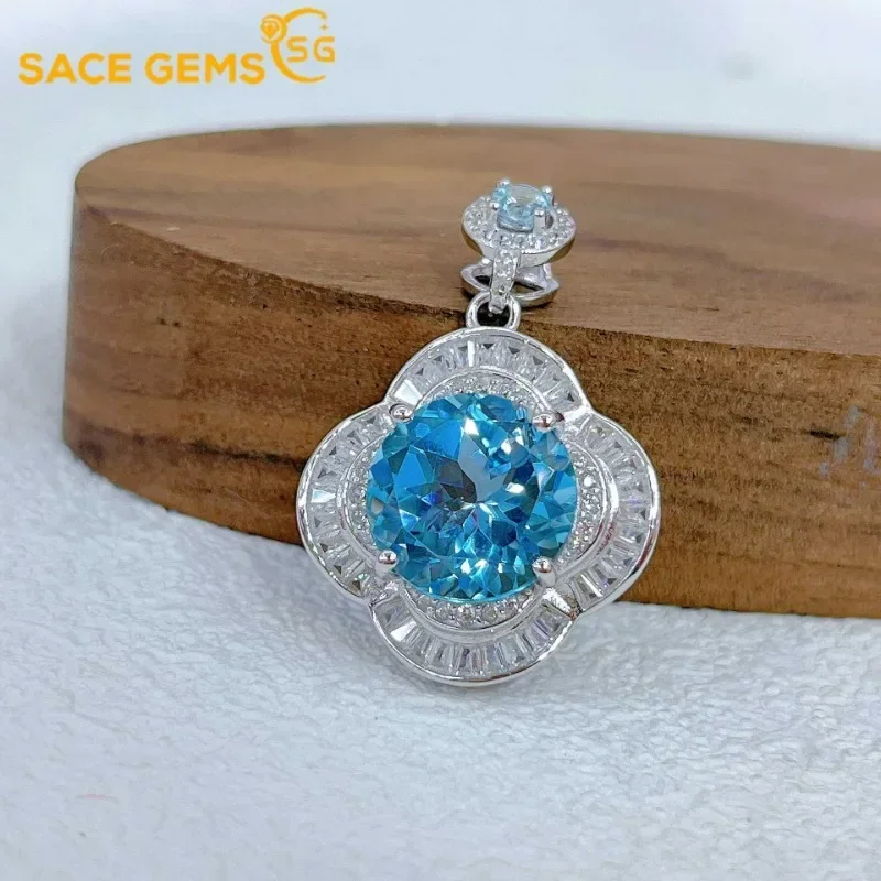 SACE GEMS New Luxury 925 Sterling Silver 12MM Natual Sky Blue Topaz Pendant Necklace for Women Cocktail Party Fine Jewelry Gift