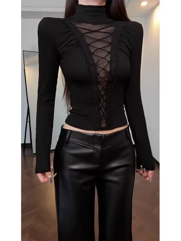 

Женская футболка больших размеров с кружевными вставками и длинным рукавом, базовый слой, топ с поясом, корейский стиль, для повседневной носки