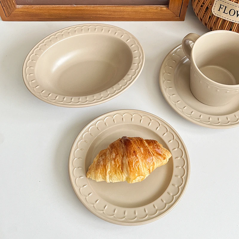 French Style Vintage Relief Tablewares Simple Restaurant Coffee Set Cup Saucer Household Breakfast Fruit Slad Ceramic Bowl