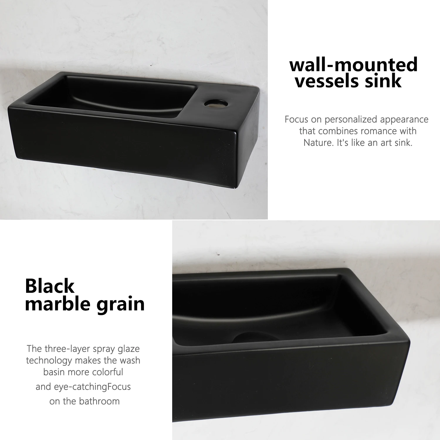 ZAPPO Floating Vessel Sink Wall Mounted 15x7 inch Black Small Bathroom Sinks Rectangular Ceramic Basin Porcelain Bowl Sinks US