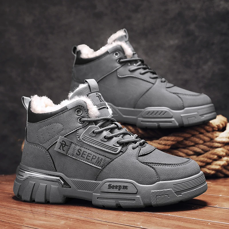 メンズワークブーツ冬の新しい暖かい豪華な滑り止めソフトソールカジュアルブーツファッションユースジョーカーハイトップ快適アウトドアスポーツブーツ