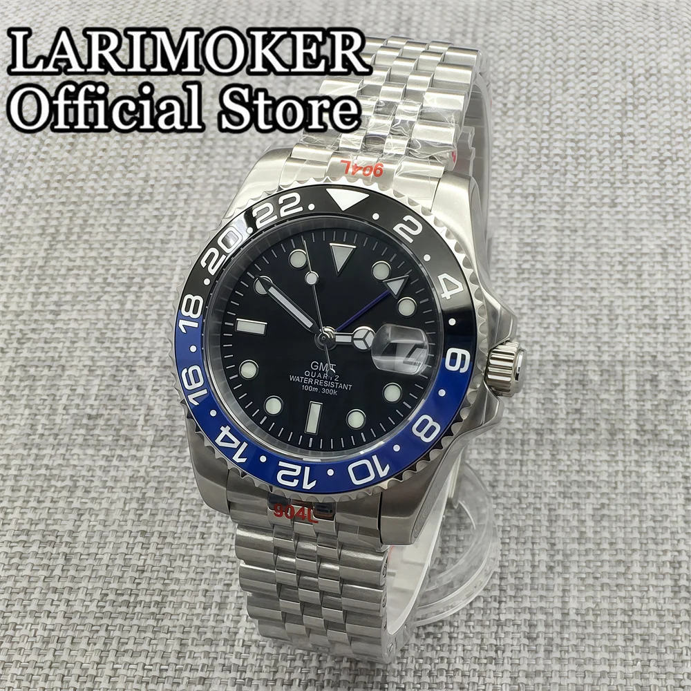 LARIMOKER 40MM Men Quartz Watch Stainless Steel Case Sapphire Glass Black Dial Red Blue GMT Rhonda515 24h Movement Watch