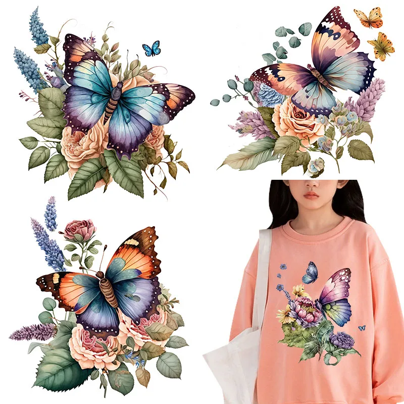 Retro Butterfly Flower Patches For Heat Transfer Clothes Christmas Day Thermal transfer stickers Decoration Printing