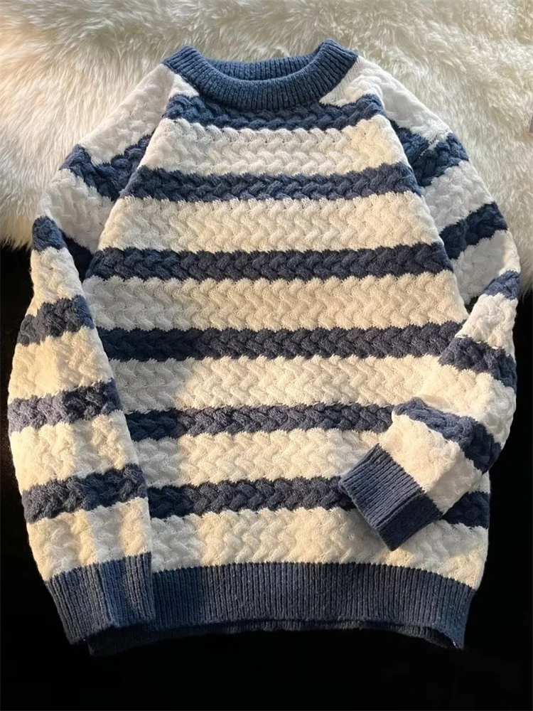 

Men's Stripe round Neck Knitwear Loose Winter Inner Wear Long Sleeve Youth Fashionable Korean Style Casual Sweater