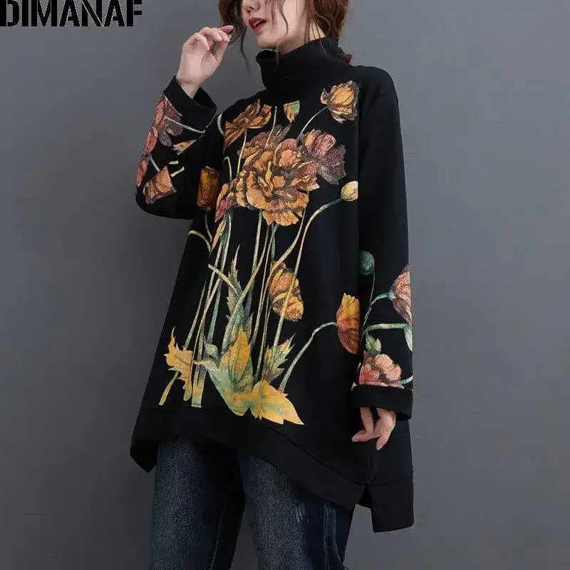 

Dimanaf 2024 Oversize Women Hoodies Sweatshirts Pullover Lady Tops Floral Print Turtleneck Autumn Winter Cotton Thick Loose