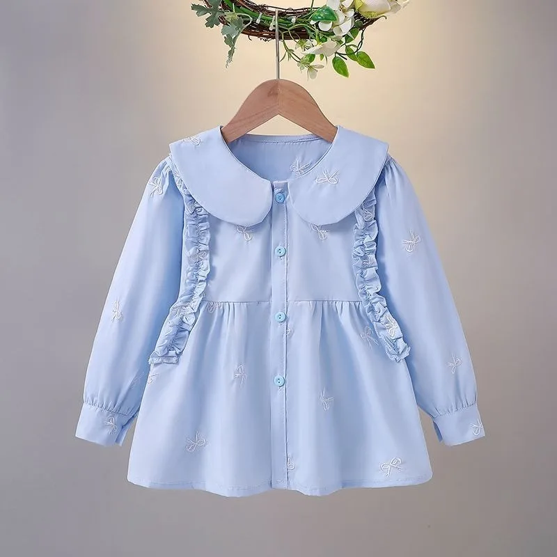 

Girls' Spring Autumn Peter Pan Collar Bowtie Shirt Trendy Stylish Versatile Blouse for Baby Girl Newborn Toddler Children's Top