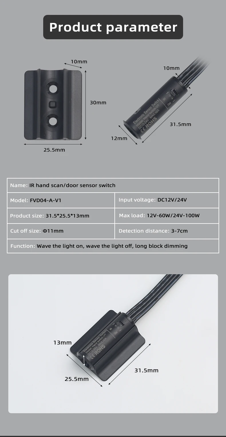LED-Automatik-Sensorschalter für Möbel- und Schranktüren, DC12V/24V Beleuchtungskörper, maximale Belastung 5A/60W – Detail 4