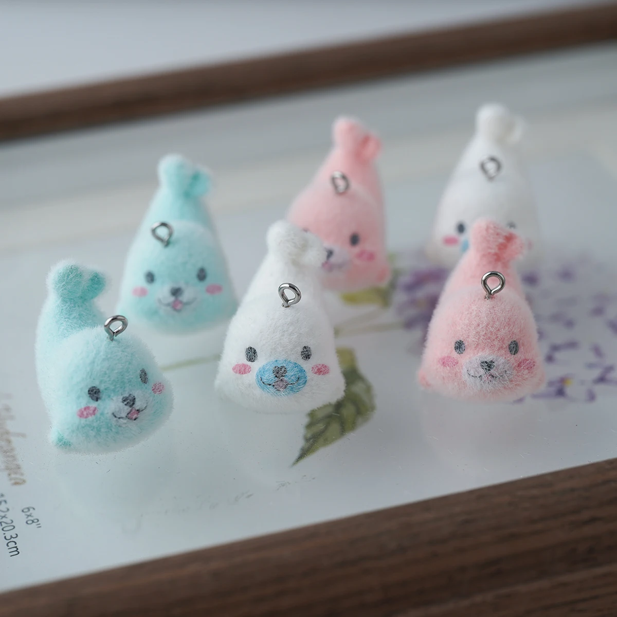 15pcs Flocked resin Cartoon Doll pendant Plush marine animals Seal Charms for Earrings keychains DIYJewelry making
