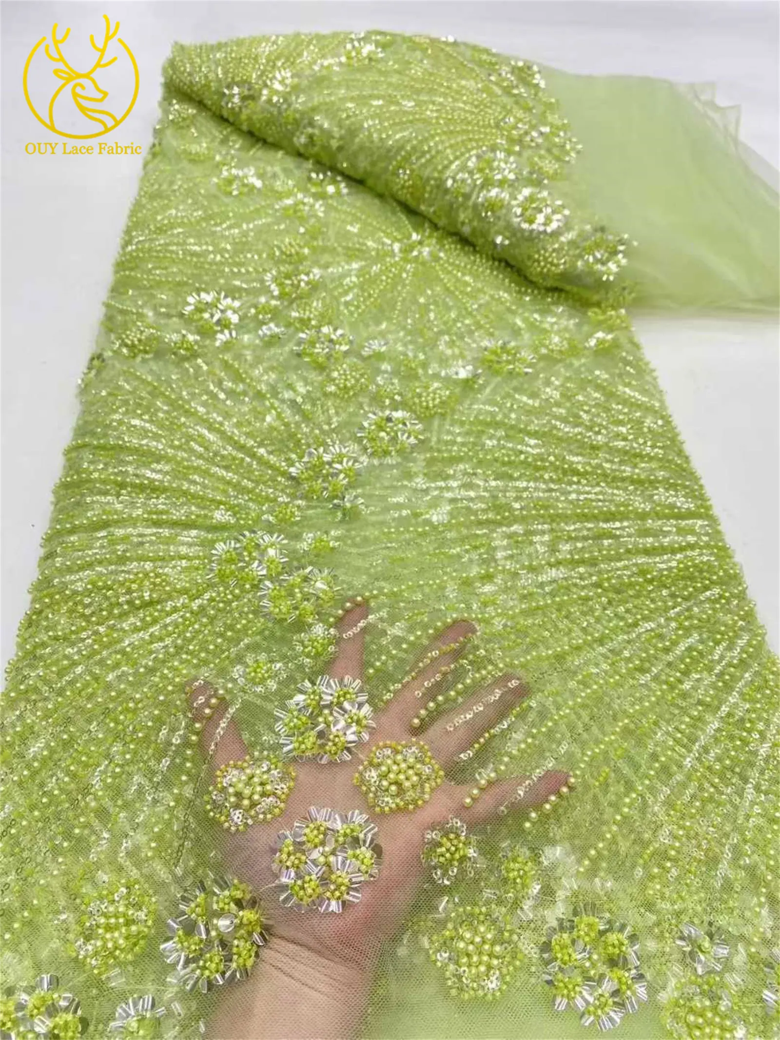 ピンクファッションナイジェリアフレンチスパンコール刺繍フラワーレース生地アフリカビーズチュールレース女性のためのパーティードレス